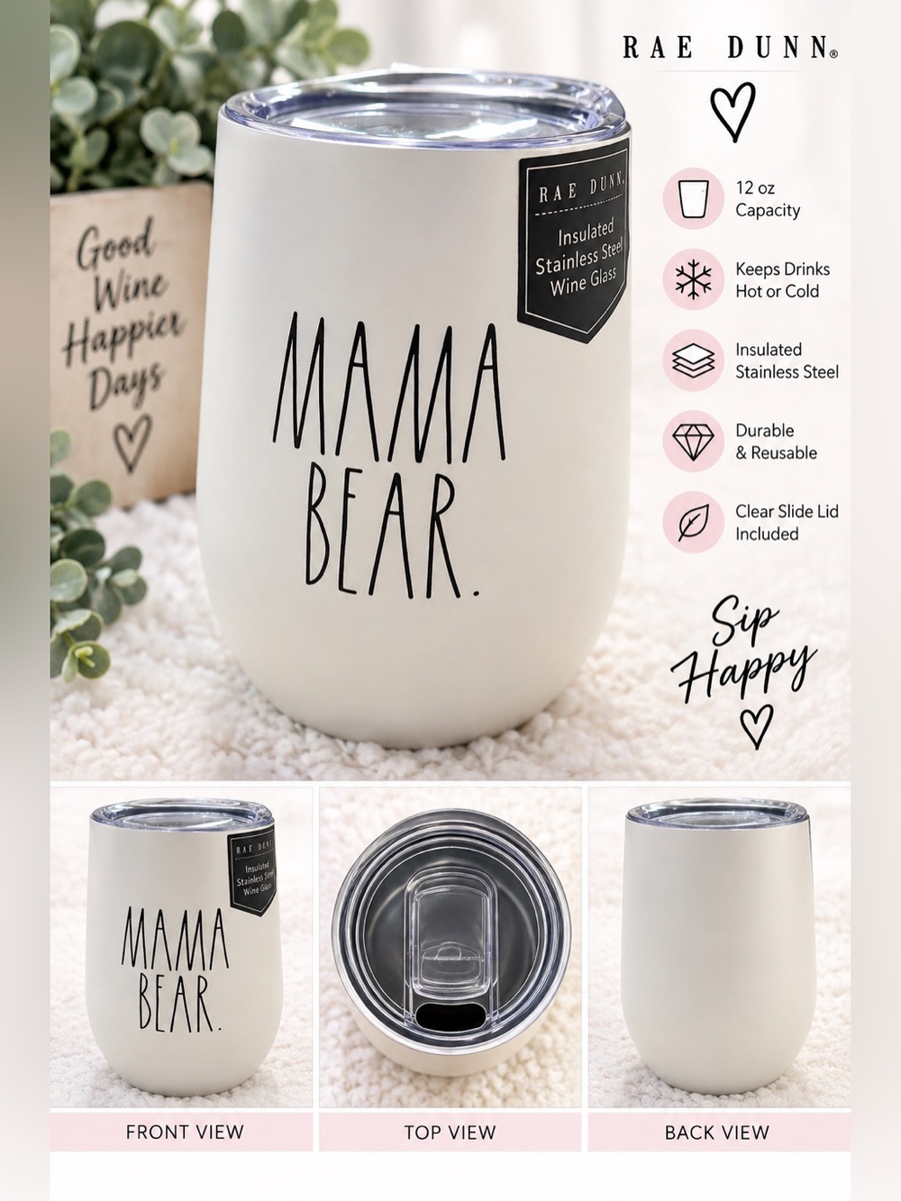 Rae Dunn Mama Bear Cream Insulated Wine TumblerNew